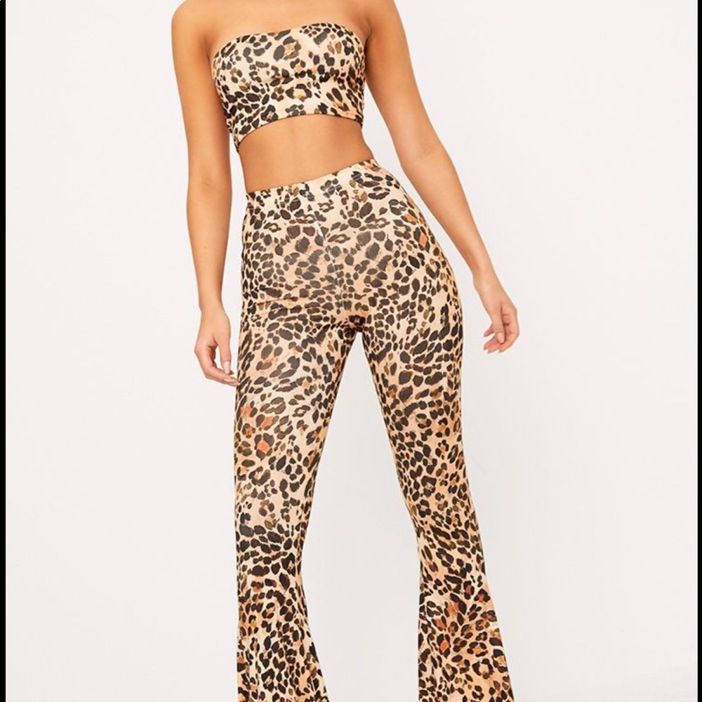 Brown Slinky Leopard Print Crop Top&Flared Pants